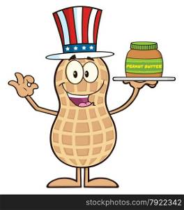 American Peanut Cartoon Character Holding A Jar Of Peanut Butter