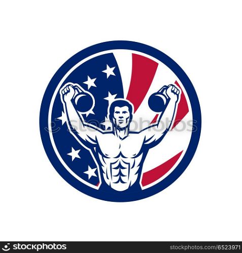 American Physical Fitness USA Flag Icon. Icon retro style illustration of an American physical fitness buff training with kettlebell and United States of America USA star spangled banner stars and stripes flag in circle isolated background.. American Physical Fitness USA Flag Icon