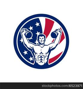 American Physical Fitness USA Flag Icon. Icon retro style illustration of an American physical fitness buff training with kettlebell and United States of America USA star spangled banner stars and stripes flag in circle isolated background.. American Physical Fitness USA Flag Icon
