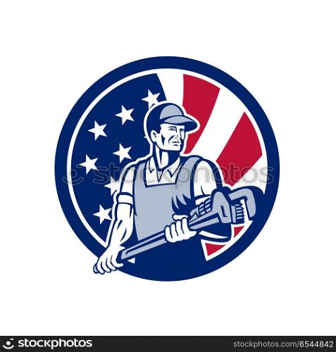 American Plumber and Pipefitter USA Flag Icon. Icon retro style illustration of an American plumber and Pipefitter holding monkey wrench with United States of America USA star spangled banner or stars and stripes flag in circle isolated background.. American Plumber and Pipefitter USA Flag Icon