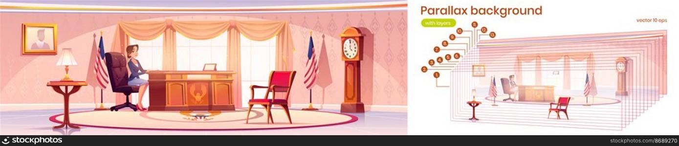 American president in Oval office in White house. Vector parallax background for 2d animation with cartoon illustration of woman politician in government cabinet with flag of USA. Parallax background with president in Oval office