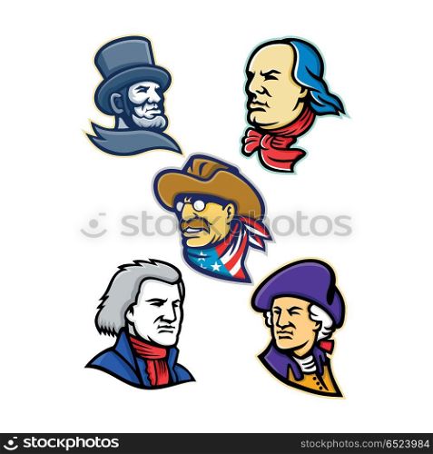 American Presidents and Statesman Mascot Collection. Mascot icon illustration set of heads of American presidents, patriot, heroes and statesman like Abraham Lincoln, Benjamin Franklin,Theodore Roosevelt, Thomas Jefferson and George Washington, viewed from on isolated background in retro style.. American Presidents and Statesman Mascot Collection