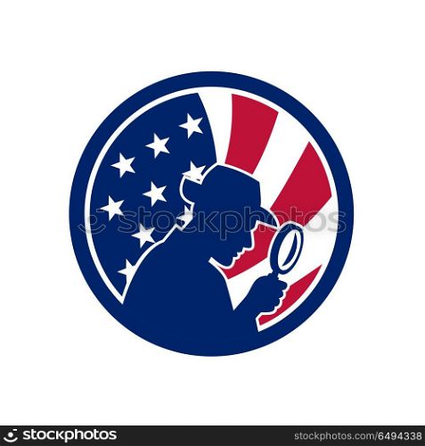 American Private Investigator USA Flag Icon. Icon retro style illustration of an American private investigator silhouette with magnifying glass with United States of America USA star spangled banner or stars and stripes flag inside circle.. American Private Investigator USA Flag Icon