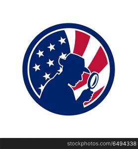 American Private Investigator USA Flag Icon. Icon retro style illustration of an American private investigator silhouette with magnifying glass with United States of America USA star spangled banner or stars and stripes flag inside circle.. American Private Investigator USA Flag Icon