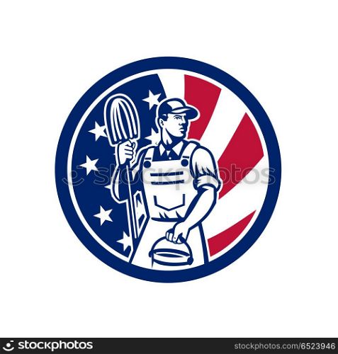 American Professional Cleaner USA Flag Icon. Icon retro style illustration of an Americanprofessional cleaner holding mop and bucket with United States of America USA star spangled banner or stars and stripes flag in circle isolated background.. American Professional Cleaner USA Flag Icon
