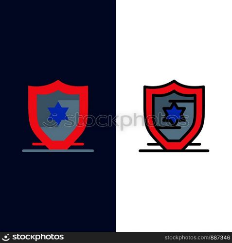 American, Protection, Shield Icons. Flat and Line Filled Icon Set Vector Blue Background