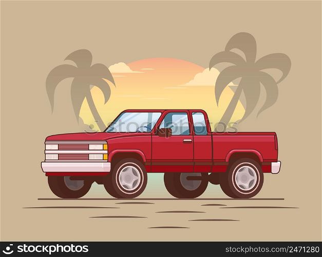 American red modern pickup truck concept with summer tropical landscape in flat style vector illustration. American Red Modern Pickup Truck Concept