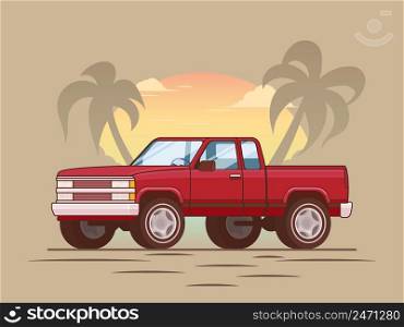 American red modern pickup truck concept with summer tropical landscape in flat style vector illustration. American Red Modern Pickup Truck Concept