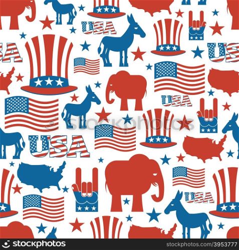 American seamless pattern. USA Election Symbols National pattern. Uncle Sam hat. American flag and map. Democrat Donkey and Republican Elephant. Patriotic background. USA Election texture.