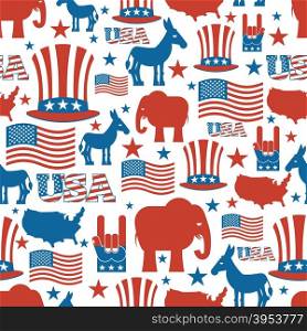 American seamless pattern. USA Election Symbols National pattern. Uncle Sam hat. American flag and map. Democrat Donkey and Republican Elephant. Patriotic background. USA Election texture.