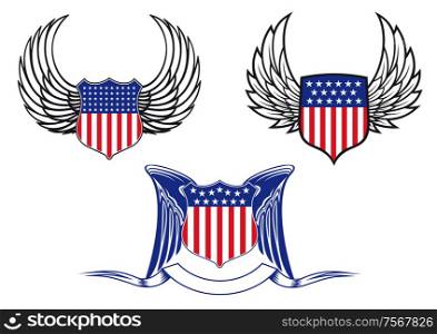 American shields with angel wings for tattoo and heraldry design