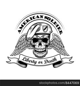 American soldier in beret vector illustration. Skull with wings and liberty or death text. Military or army concept for emblems or tattoo templates
