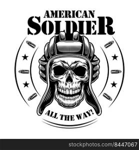 American tankman skull vector illustration. Heal of skeleton in tankman hat, circular frame with stars and bullets, all the way text. Military or army concept for emblems or tattoo templates