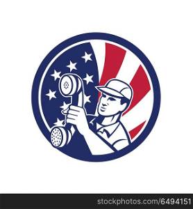 American Telephone Installation Repair Technician Icon . Icon retro style illustration of an American telephone installation repair technician or repairman holding phone with United States of America USA star spangled banner inside circle.. American Telephone Installation Repair Technician Icon