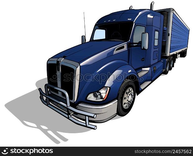 American Truck with Trailer - Colored Illustration Isolated on White Background, Vector