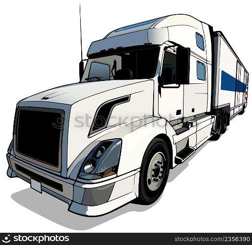 American Truck with Trailer in White Color - Colored Illustration Isolated on White Background, Vector