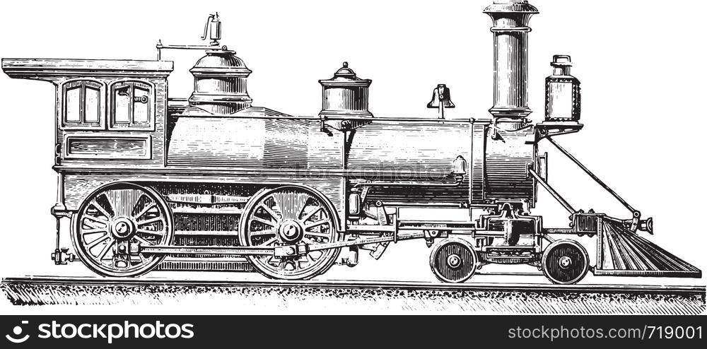 American type machine with two coupled axles, vintage engraved illustration. Industrial encyclopedia E.-O. Lami - 1875.