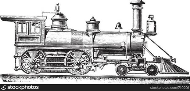 American type machine with two coupled axles, vintage engraved illustration. Industrial encyclopedia E.-O. Lami - 1875.