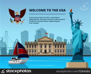American urban landscape with historical architectural symbols and landmarks. Vector urban building famous historic usa illustration. American urban landscape with historical architectural symbols and landmarks