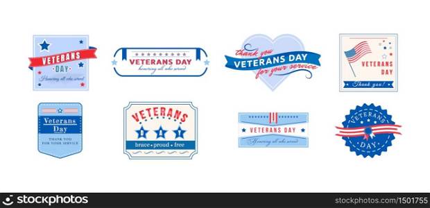 American Veterans Day flat color vector badges set. National US holiday sticker. United States liberty celebration day patch. Annual ceremony for freedom isolated design elements collection. American Veterans Day flat color vector badges set