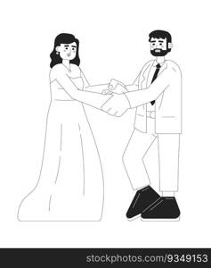American wedding bride and groom monochromatic flat vector characters. Couple wearing traditional attire. Editable line full body people on white. Simple bw cartoon spot image for web graphic design. American wedding bride and groom monochromatic flat vector characters