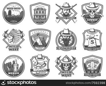 American Western icons, rodeo show and cowboy saloon, Texas bandit and robber stagecoach. Vector Wild West signs of sheriff star, and Indian chief and horse saddle, lasso and longhorn bull skull. Wild West icons, American Western and cowboy