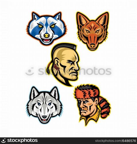American Wildlife and Folklore Heroes Collection. Mascot icon illustration set of heads of American wildlife and folklore heroes like the Artic wolf, jackal, Mohawk warrior, raccoon and Davy Crockett, the frontiersman on isolated background.. American Wildlife and Folklore Heroes Collection