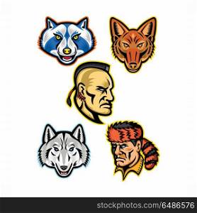 American Wildlife and Folklore Heroes Collection. Mascot icon illustration set of heads of American wildlife and folklore heroes like the Artic wolf, jackal, Mohawk warrior, raccoon and Davy Crockett, the frontiersman on isolated background.. American Wildlife and Folklore Heroes Collection