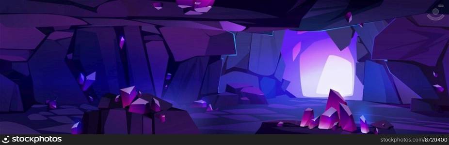 Amethyst mine tunnel inside view. Glowing mysterious cave, mining quarry landscape with purple shiny crystal in rocks and stone shaft walls. Cartoon game parallax background, 2d Vector illustration. Amethyst mine tunnel inside view, mysterious cave
