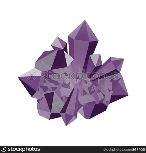 Amethyst. Precious stone, gemstone, mineral. Cluster crystal. Vector illustration. Texture of layers and facets of stone. Geology mining science jewelry background. Amethyst. Precious stone, gemstone, mineral. Cluster crystal. Texture of layers and facets of stone. Geology mining science jewelry background