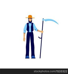 Amish flat color vector faceless character. Male farmer in harvest period. Worker lifestyle. Old fashioned man in hat with scythe isolated cartoon illustration for web graphic design and animation. Amish flat color vector faceless character