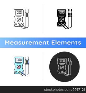 Ammeter icon. Voltmeter, ohmmeter. Measuring direct and alternating electric current. Circuit analysis and debugging. Linear black and RGB color styles. Isolated vector illustrations. Ammeter icon