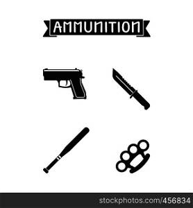 Ammunition icons set. Gun and knife, knuckle and duster batoon vector illustration. Ammunition icons set