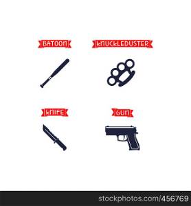 Ammunition icons with names on the red ribbon. Gun, knife, knuckle duster, batoon. Vector illustration. Ammunition icons with signs