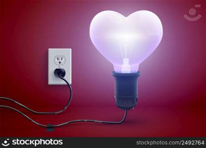 Amourous bright love poster with realistic glowing plugged in electric light bulb in heart shape vector illustration. Amourous Bright Love Poster