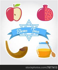 &amp;quot;Shana Tova&amp;quot; - (jewish Happy New Year) card. Set of traditional elements for Rosh Hashanah (Jewish New Year). Hohey, pomegranate, apple, David star and shofar icons.