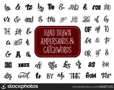 Ampersand and catchword hand drawn lettering elements. Retro typography font or vintage type, decorated with ribbon banner and swirls for wedding invitation and greeting card design. Ampersand and catchword retro lettering