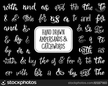 Ampersand and catchword lettering of vintage hand drawn font. Calligraphy type with retro alphabet letter typeface for wedding invitation or greeting card typography design. Ampersand or catchword lettering, vintage font