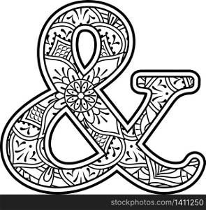 ampersand symbol in black and white with doodle ornaments and design elements from mandala art style for coloring. Isolated on white background