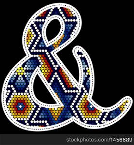 ampersand symbol with colorful dots. Abstract design inspired in mexican huichol beaded craft art style. Isolated on black background