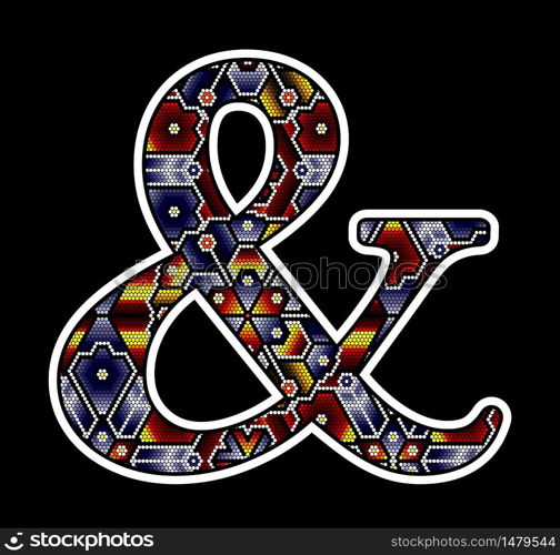 ampersand symbol with colorful dots. Abstract design inspired in mexican huichol beaded craft art style. Isolated on black background