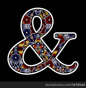 ampersand symbol with colorful dots. Abstract design inspired in mexican huichol beaded craft art style. Isolated on black background