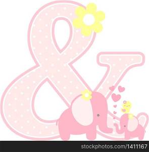 ampersand symbol with cute elephant and little baby elephant isolated on white. can be used for mother&rsquo;s day card, baby girl birth announcements, nursery decoration, party theme or birthday invitation