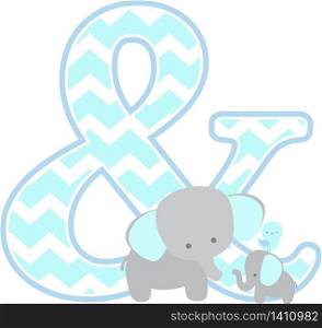 ampersand symbol with cute elephant and little baby elephant isolated on white background. can be used for father&rsquo;s day card, baby boy birth announcements, nursery decoration, party theme or birthday invitation