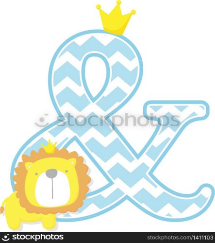 ampersand symbol with cute little lion king with golden crown isolated on white background. can be used for father&rsquo;s day card, baby boy birth announcements, nursery decoration, party theme or birthday invitation