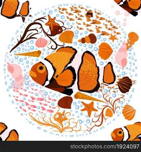 Amphiprion, sea inhabitants seamless pattern, beautiful character among seashells, algae, starfish, marine wildlife. Orange bright sea dweller clown fish surrounded. Amphiprion, Orange bright sea dweller clown fish surrounded by water bulbs, hand drawn
