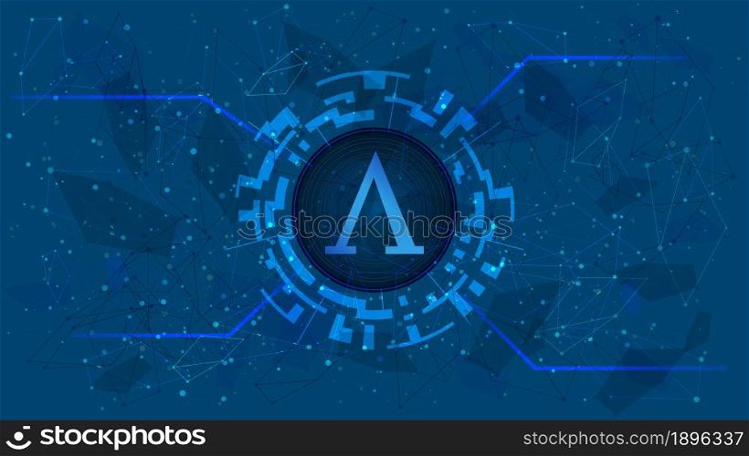 Ampleforth AMPL token symbol of the DeFi project in a digital circle with a cryptocurrency theme on a blue background. Cryptocurrency icon. Decentralized finance programs. Copy space. Vector EPS10.
