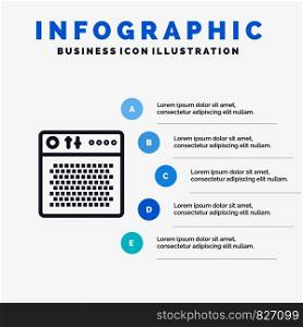 Amplifier, Audio, Device, Multimedia, Portable Line icon with 5 steps presentation infographics Background