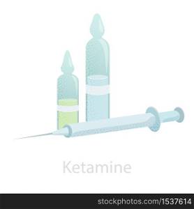 Ampoules with ketamine and a syringe. An illustration of a ketamine anesthetic, an analgesic injection of a sedative. Logo design for pharmaceuticals, medical equipment. Ampoules with ketamine and a syringe. An illustration of a ketamine anesthetic
