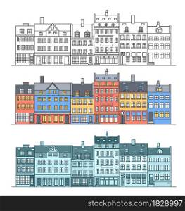 Amsterdam buildings skyline. Linear colored cityscape with various row houses. Outline illustration with old Dutch buildings. Amsterdam buildings skyline. Linear colored cityscape with various row houses. Outline illustration with old Dutch buildings.